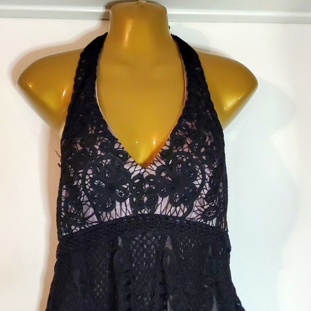 Sue Wong Womens 4-Tier Sleeveless Lace Black Dress Sz 6 - Picture 2 of 6